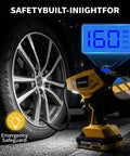Cordless Tire Inflator Portable Air Compressor With 160 PSI 4X Faster Inflation Rechargeable 20V Battery in use on car tire