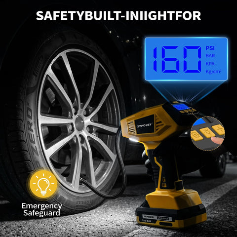 Cordless Tire Inflator Portable Air Compressor With 160 PSI 4X Faster Inflation Rechargeable 20V Battery in use on car tire