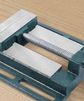 Beefy Bench Vise For Drill Press And Table Mounting Mini Vise With 360 Degree Handle And Rock Solid Clamping, Ideal For Workshop Projects, Metal Parts Holding, Filing And Milling, Easy Install With Elongated Slot Base And 101 Mm Hole Spacing, cast iron vise with 360° handle on workbench