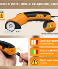 Heavy Duty Cordless Electric Scissors With Led Light Rechargeable Rotary Cutter showing USB-C charging port and indicator lights.