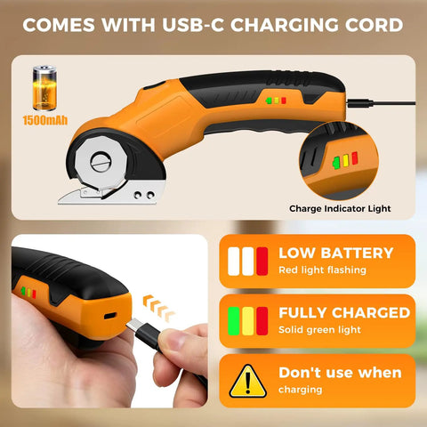 Heavy Duty Cordless Electric Scissors With Led Light Rechargeable Rotary Cutter showing USB-C charging port and indicator lights.