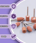 Close-up of brown grinding stones from the All In One 62 Piece One Eighth Inch Shank Rotary Tool Grinding Stone Set on a purple background.