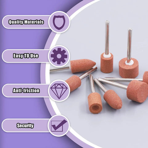 Close-up of brown grinding stones from the All In One 62 Piece One Eighth Inch Shank Rotary Tool Grinding Stone Set on a purple background.