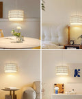 Smart Plug In Pendant Lamp With Remote Control And App ✔️ Woven paper shade in living room and bedroom settings.