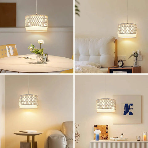 Smart Plug In Pendant Lamp With Remote Control And App ✔️ Woven paper shade in living room and bedroom settings.