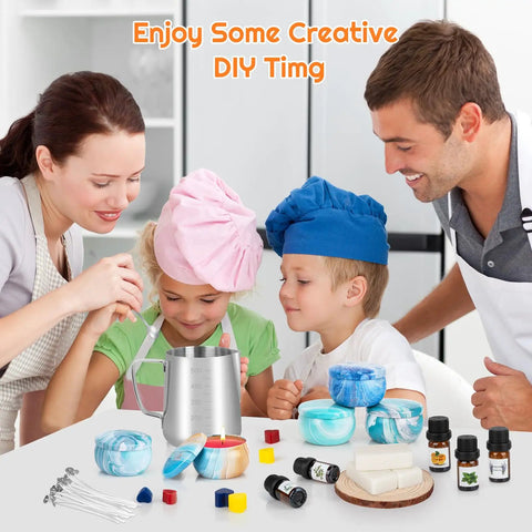 Family enjoying All In One DIY Candle Making Kit for Adults With Beeswax Essential Oils Dyes Wicks And Tins No Fuss Beginner