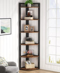 Straight Up Dope Six Tier Corner Shelf And Bookshelf Combining Rustic Wood Grain With Reinforced Steel Frame in a bright room with decor.