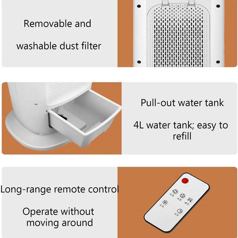 Two In One Evaporative Air Cooler And Portable Space Heater Tower Unit for No Sweat Setup with pull-out water tank and remote control.