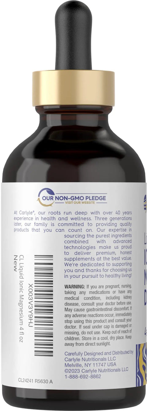 Side view of Magnesium Liquid Complex Drops, 400 Mg Per Serving, 4 Fl Oz, Vegetarian, Non GMO Gluten Free Mineral Supplement With Sulfate And Boron bottle.