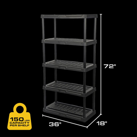 Heavy Duty Five Tier Plastic Storage Shelves For Garage Organization Rust Resistant Black Shelving Unit Handles One Hundred Fifty Pounds Per Bay Solid Two Pack Keeps Your Setup Top Shelf And Ready For Any Weekend Warrior