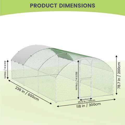 Large Walk In Metal Chicken Coop With Waterproof And UV Resistant Cover For Outdoor Backyard Or Farm Use, dimensions shown.