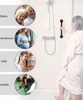 Elderly person using Two Pack 12 Inch Matte Black Shower Grab Bars Stainless Steel Wall Mount Safety Hand Rail in bathroom.