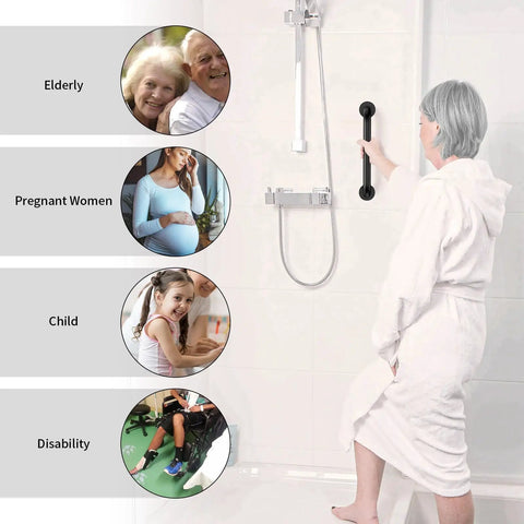 Elderly person using Two Pack 12 Inch Matte Black Shower Grab Bars Stainless Steel Wall Mount Safety Hand Rail in bathroom.