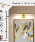 Dimmable LED Picture Light for Artwork 24.4 Inch Swing Arm Wall Lamp Full Metal Brass Finish 3000K Warm White 14W Equal 70W Equivalent Hardwired Slick Gallery Lighting for Home Decor, shown above a framed artwork of feathers, showcasing dimming features and brass design.
