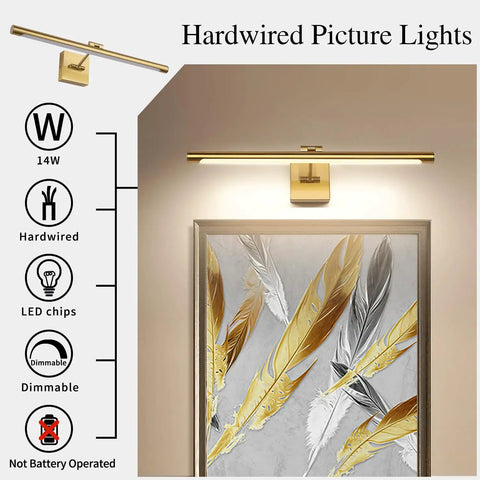 Dimmable LED Picture Light for Artwork 24.4 Inch Swing Arm Wall Lamp Full Metal Brass Finish 3000K Warm White 14W Equal 70W Equivalent Hardwired Slick Gallery Lighting for Home Decor, shown above a framed artwork of feathers, showcasing dimming features and brass design.