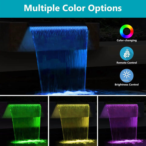 Color-changing LED lights on All-In-One Pond Waterfall Kit With LED Lights, 8-Inch Stainless Steel Spillway, 600 GPH Pump