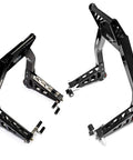 Universal Front And Rear Motorcycle Stand Lift Combo In Black With Front Fork Roller And Swingarm Y Lift And Paddle Lift For Easy Wheel Lifts Compatible With Yamaha Honda Kawasaki Suzuki BMW And More