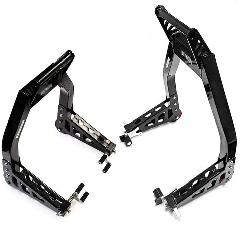 Universal Front And Rear Motorcycle Stand Lift Combo In Black With Front Fork Roller And Swingarm Y Lift And Paddle Lift For Easy Wheel Lifts Compatible With Yamaha Honda Kawasaki Suzuki BMW And More