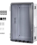Rugged Outdoor Ready Ventilated ABS Electrical Junction Box With IP65 Waterproof Enclosure for indoor and outdoor use, clear cover, mounting plate, and accessories, 13.8 x 9.7 x 5.9 inches