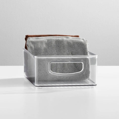 Clear Plastic Storage Organizer Bin Set 4 Pack for Home Organization perfect for neat storage of folded gray clothes in closets