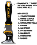 9-In-1 Painter's Tool With Straight And Curved Scrapers, Gouger, Roller Cleaner, Can Opener, Bottle Opener, Nail Puller, Screwdriver And Hammer, Carbon Steel Blade With Soft Grip Handle For Durable, Versatile Painting Jobs, DEWALT branding visible, ergonomic handle with large hang hole.