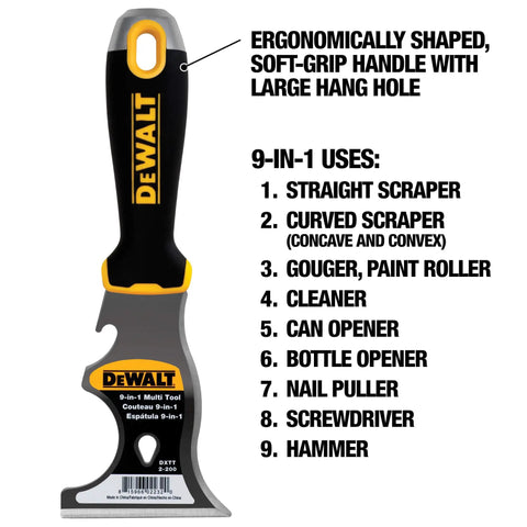 9-In-1 Painter's Tool With Straight And Curved Scrapers, Gouger, Roller Cleaner, Can Opener, Bottle Opener, Nail Puller, Screwdriver And Hammer, Carbon Steel Blade With Soft Grip Handle For Durable, Versatile Painting Jobs, DEWALT branding visible, ergonomic handle with large hang hole.