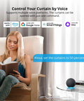 Woman sitting with book in chair operating No Sweat Install Zigbee Smart Curtain Motor and Heavy Duty Electric Curtain Driver with Alexa.