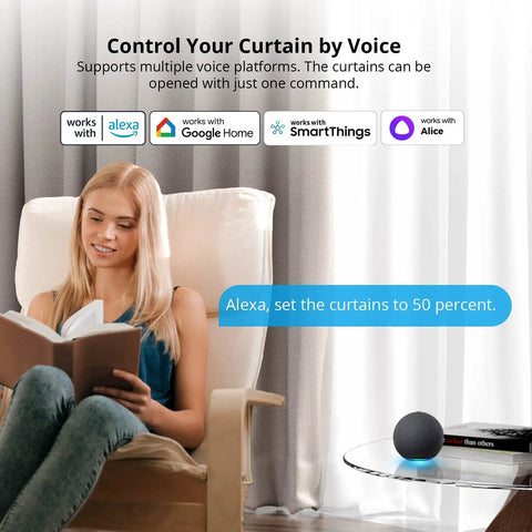 Woman sitting with book in chair operating No Sweat Install Zigbee Smart Curtain Motor and Heavy Duty Electric Curtain Driver with Alexa.