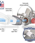 8-Pack Replacement Carbon Filters For Respirator Masks showing snap-on design and multi-layer cotton filtration with airflow direction.