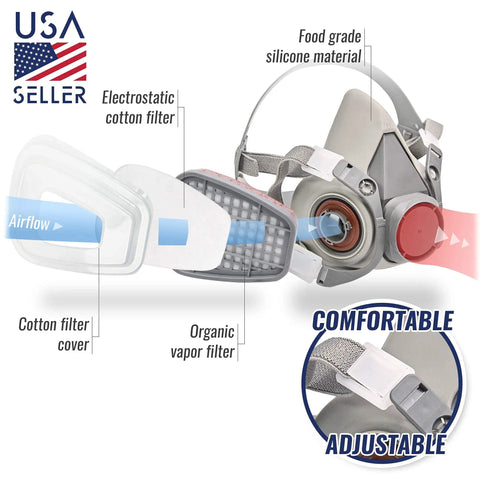 8-Pack Replacement Carbon Filters For Respirator Masks showing snap-on design and multi-layer cotton filtration with airflow direction.