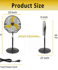 Dimensions of 30 Inch Tilting Pedestal Fan for Industrial Warehouses and Gyms, 3 speed high velocity, heavy duty motor, UL safety listed.