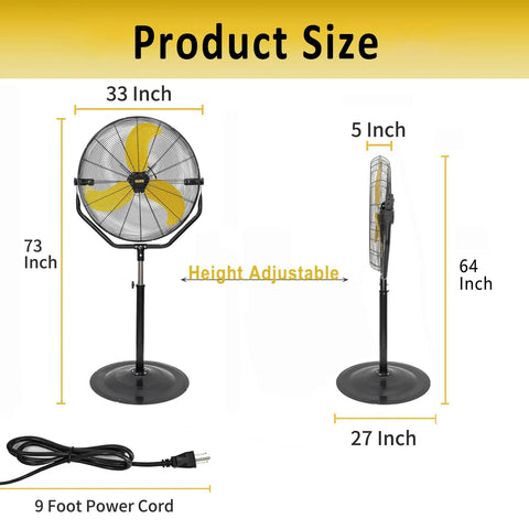 Dimensions of 30 Inch Tilting Pedestal Fan for Industrial Warehouses and Gyms, 3 speed high velocity, heavy duty motor, UL safety listed.
