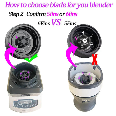 Visual guide showing 6-fin vs 5-fin blade options for blenders and fitting instructions for upgrade 3.35 inch 6 fin male blender blade replacement.