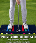 Person using Golf Towel Training Aid For Beginners With Swing Plane And Stance Alignment Practice on grass for putting practice.