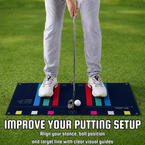 Person using Golf Towel Training Aid For Beginners With Swing Plane And Stance Alignment Practice on grass for putting practice.