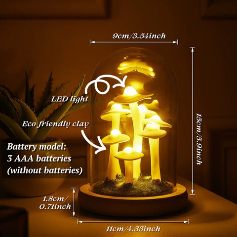 Mushroom Night Light In Glass Dome LED Decor With Wooden Base For Home Decor Gifts, glowing mushrooms under glass dome on wooden base