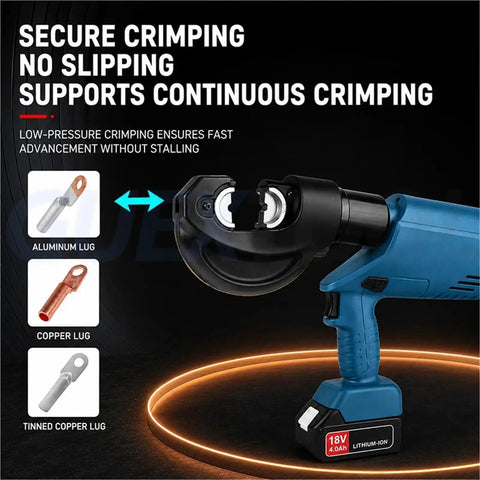 Get Your Hands On This EZ-630 Intelligent Electric Hydraulic Crimping Tool with a close-up of the crimping head and lugs.