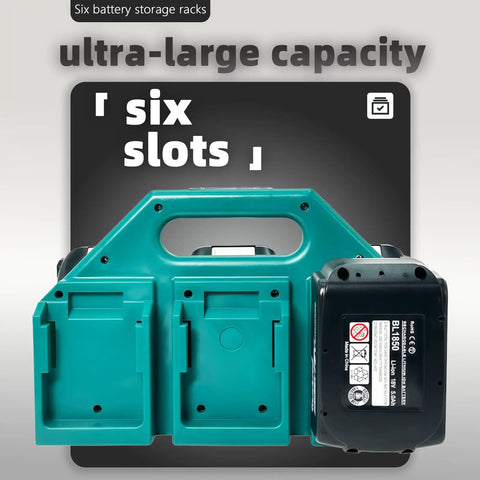 Front view of Six Slot Battery Holder For 18V And Fourteen Point Four Volt Batteries Portable Rugged Battery Case Compact.