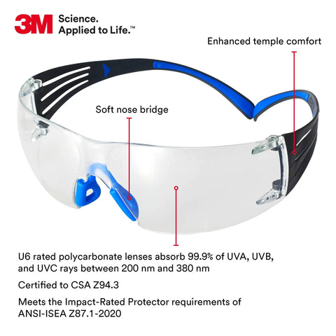 SecureFit 400 Safety Glasses With Anti Fog Scotchgard Clear Lenses Blue Gray Frame Lightweight All Day Comfort Self Adjusting Temples