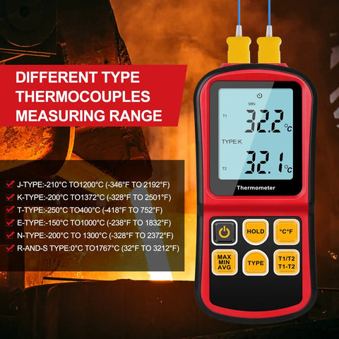 Dual Channel Digital Thermometer With Two K Type Thermocouple Probes Backlit LCD Display Great For DIY Temp Nerds Supports K J T E R S N