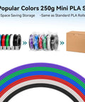 Regular PLA Filament 1.75mm 53mm Spool 250g Six Color Pack with storage box and colorful filament strands displayed