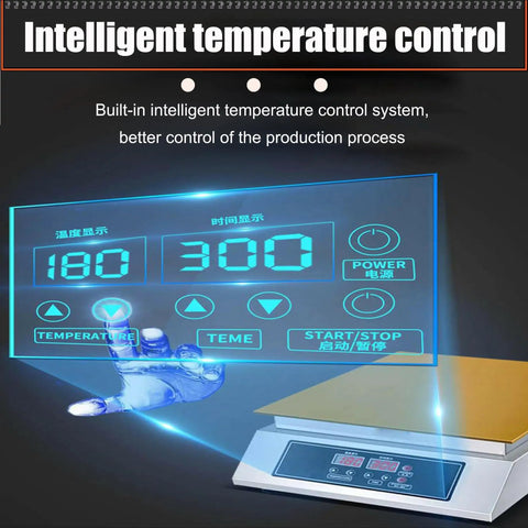 Commercial Electric Griddle Featuring Pure Copper Plates For Effortless Flipping Of Japanese Souffle Pancakes And Pillowy Dorayaki Sweets Smart Temperature Control display with touch feature and temperature settings.