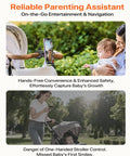 Ride Ready Magnetic Phone Holder Clamp Mount in use on stroller, securing mobile device for easy navigation and photos with baby.