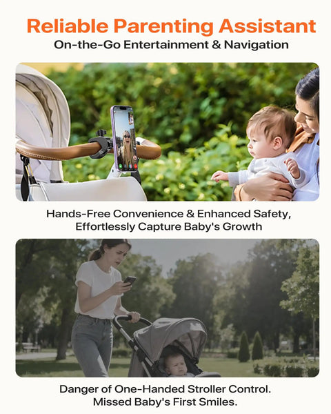 Ride Ready Magnetic Phone Holder Clamp Mount in use on stroller, securing mobile device for easy navigation and photos with baby.