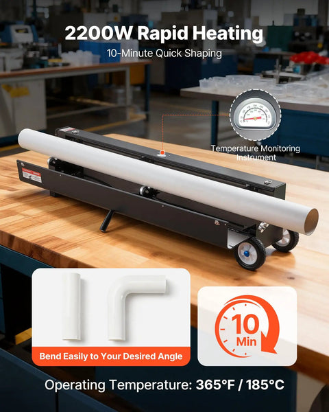 VEVOR Electric PVC Conduit Heater For 1/2 To 4 Inch Pipes With Rapid Even Heating Technology And Carry Handle showing 2200W heater and bending pipes.