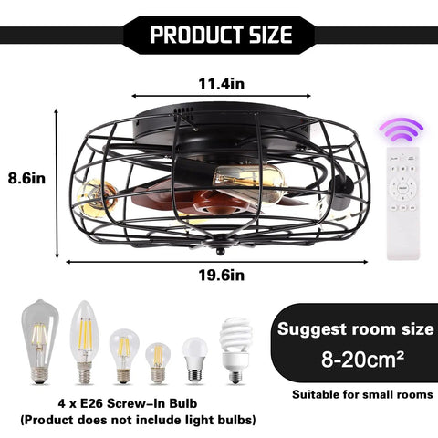 Space Saving 20 Inch Cage Ceiling Fan Light With Remote Control Low Profile Recessed Fixture with included bulb types shown