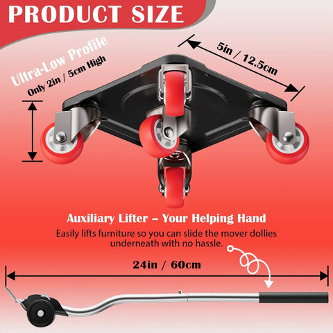 No Sweat Moving Heavy Duty Furniture Movers With Five Wheel Dollies showing 5" base, 2" height, and auxiliary lifter for effortless use.