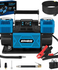 12V Dual Cylinder Air Compressor with Digital Display Panel and Auto Stop Inflation, heavy-duty pump, accessories shown