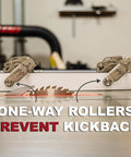 Stainless Steel Table Saw Stock Guides And Anti Kickback Rollers showing one-way rollers preventing kickback on a table saw.