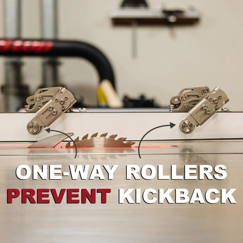 Stainless Steel Table Saw Stock Guides And Anti Kickback Rollers showing one-way rollers preventing kickback on a table saw.